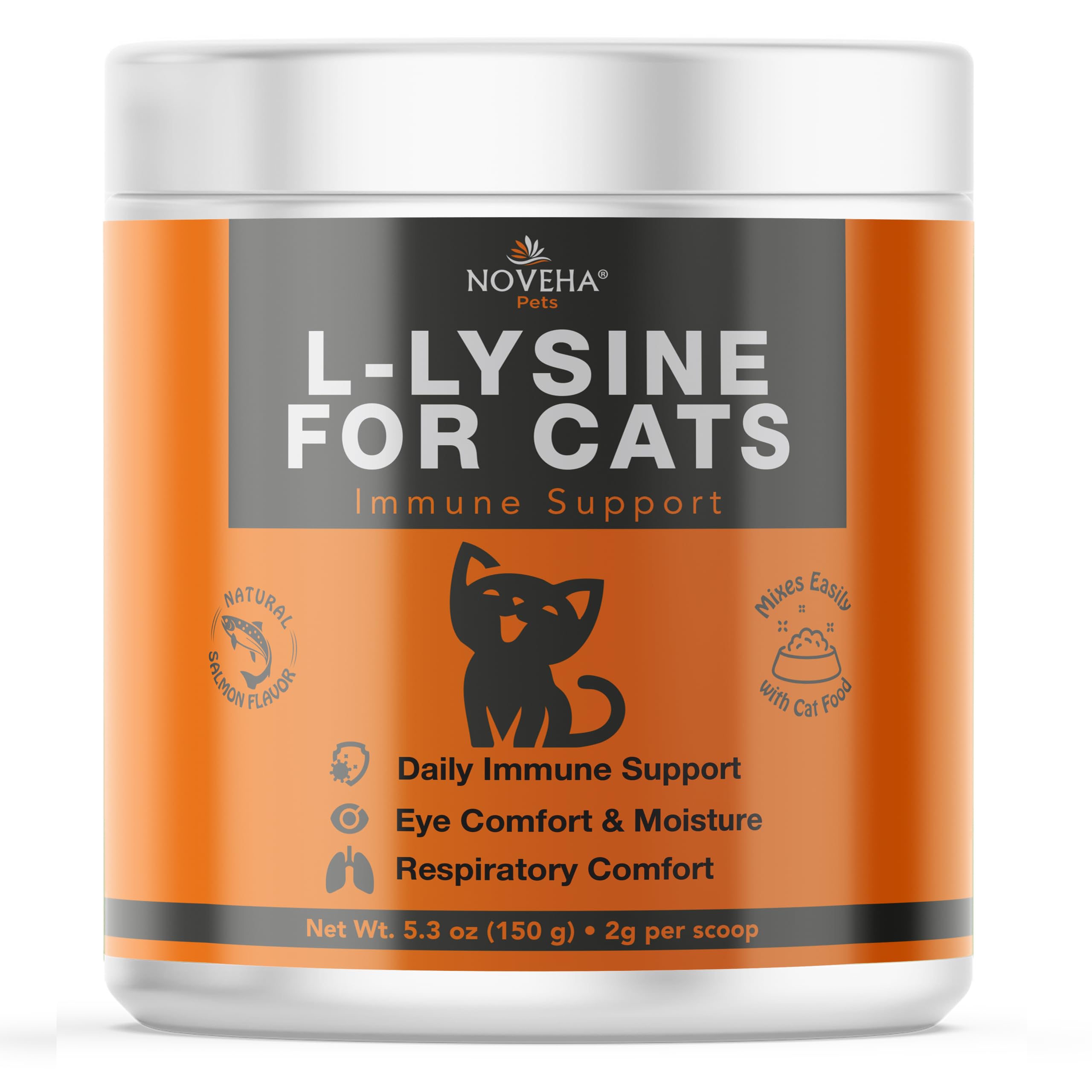 NOVEHA 150g L-Lysine Powder for Cats and Kittens 500mg, Daily Cat Supplements for Immune Support, Eye Function & Respiratory Comfort, Boosts Overall Wellness for Cats, Natural Salmon Flavor