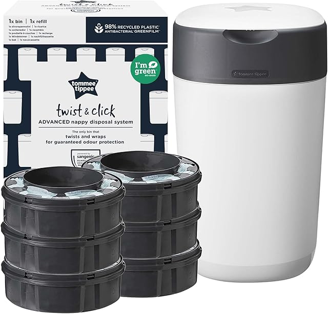 Tommee Tippee Twist and Click Advanced Nappy Bin Starter Set, Eco-Friendlier System with 6x Refill Cassettes with Sustainably Sourced Antibacterial GREENFILM, White
