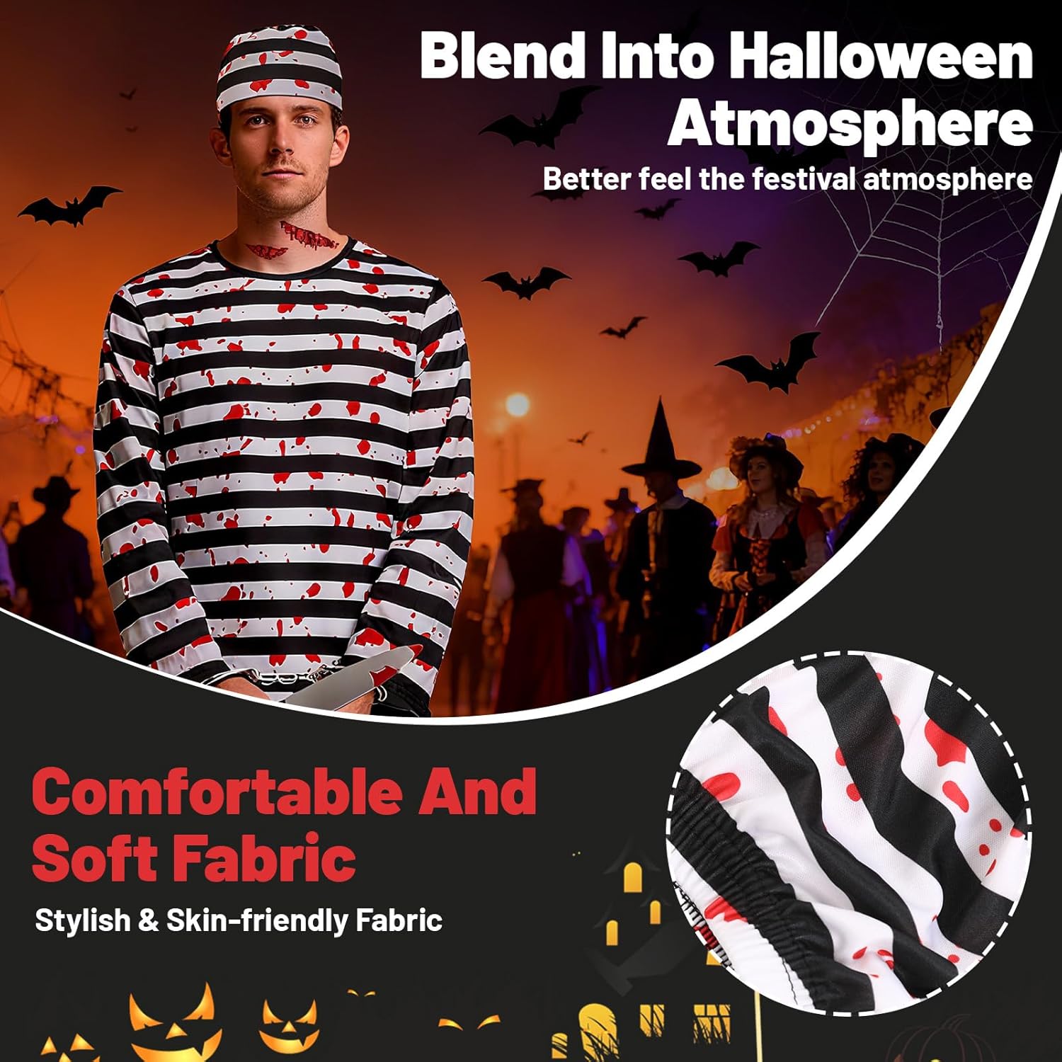 Adult Prisoner Jumpsuit Men Women Jail Costume Inmate Outfit with Criminal Accessories Halloween Cosplay Props