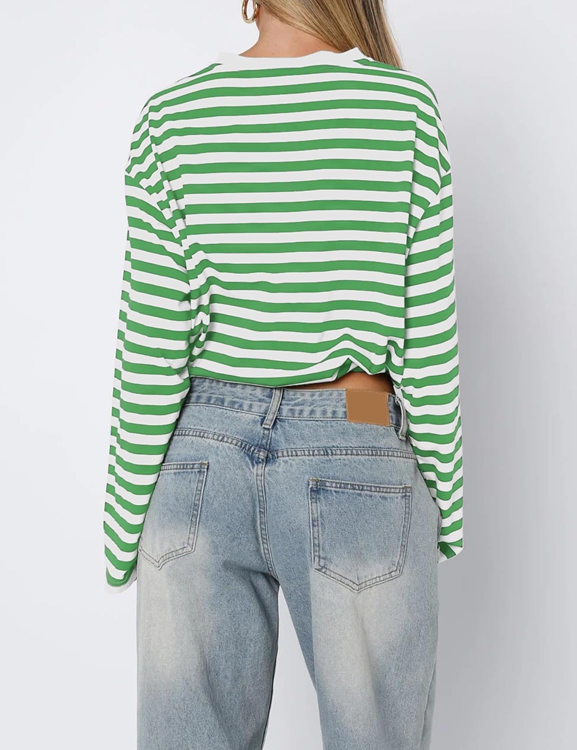 Vivitulip Women’s Casual Striped Sweatshirt Relaxed Fit Round Neck Long Sleeve Drawstring Cropped Pullover Tops - Image 3