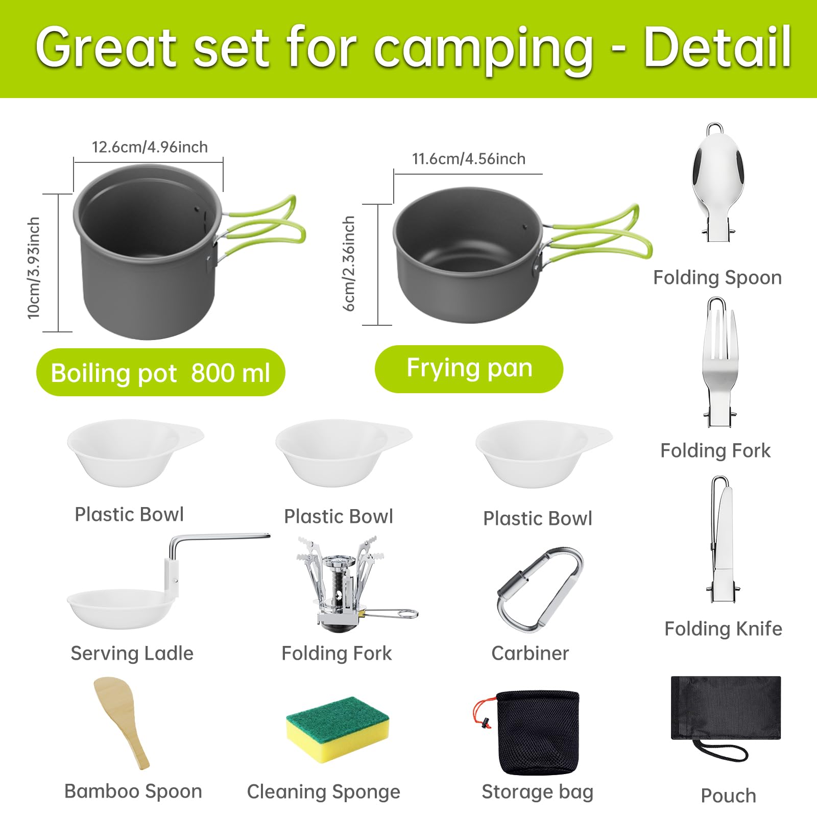 Set Da Campeggio 16 Pezzi - Pentole In Alluminio, Posate Pieghevoli E Fornellino Per Outdoor, Picnic E BBQ - Foto 9