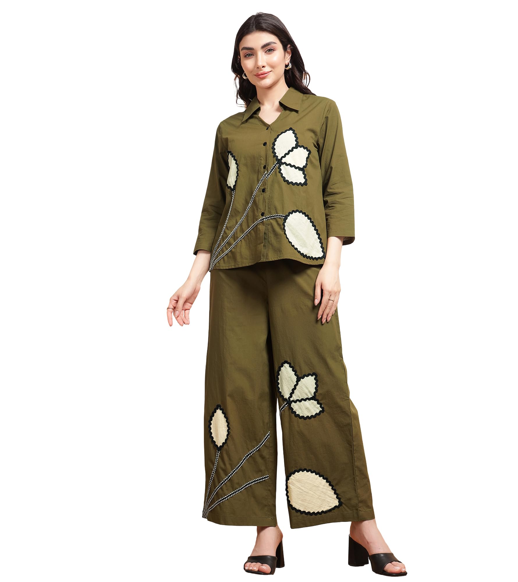 Solid Cotton Shirt & Pants Co-ord Set for Women's|3/4 Sleeve Collar Neck Regular Fit Stylish Summer Western Casual Wear Ladies Trendy Cord Set