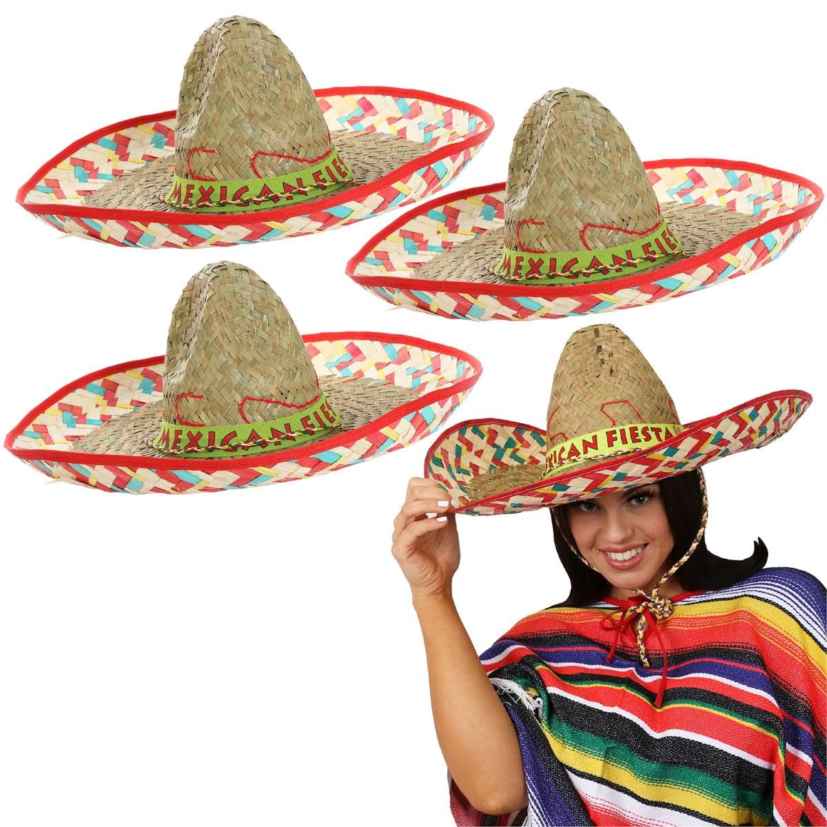 Red Mexican Sombrero X3 - Three Mexico Bandit Straw Hats - Party Fiesta Fancy Dress Accessory Ideal for Men & Women