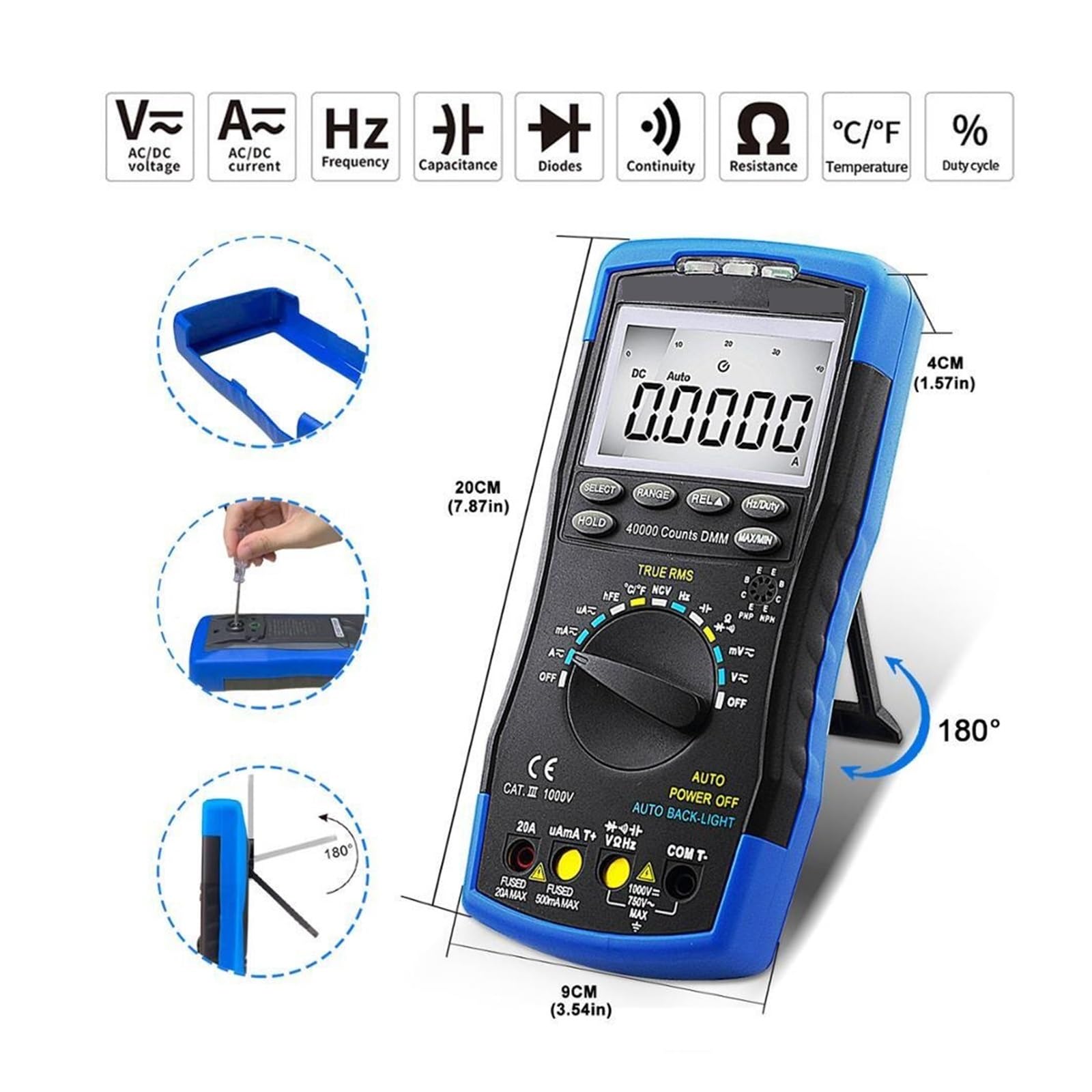 Multimetr Cyfrowy True RMS Auto Range Multimetro 40000 Zlicza Pomiar Ohm Volt Amp Tester Kondensatorów