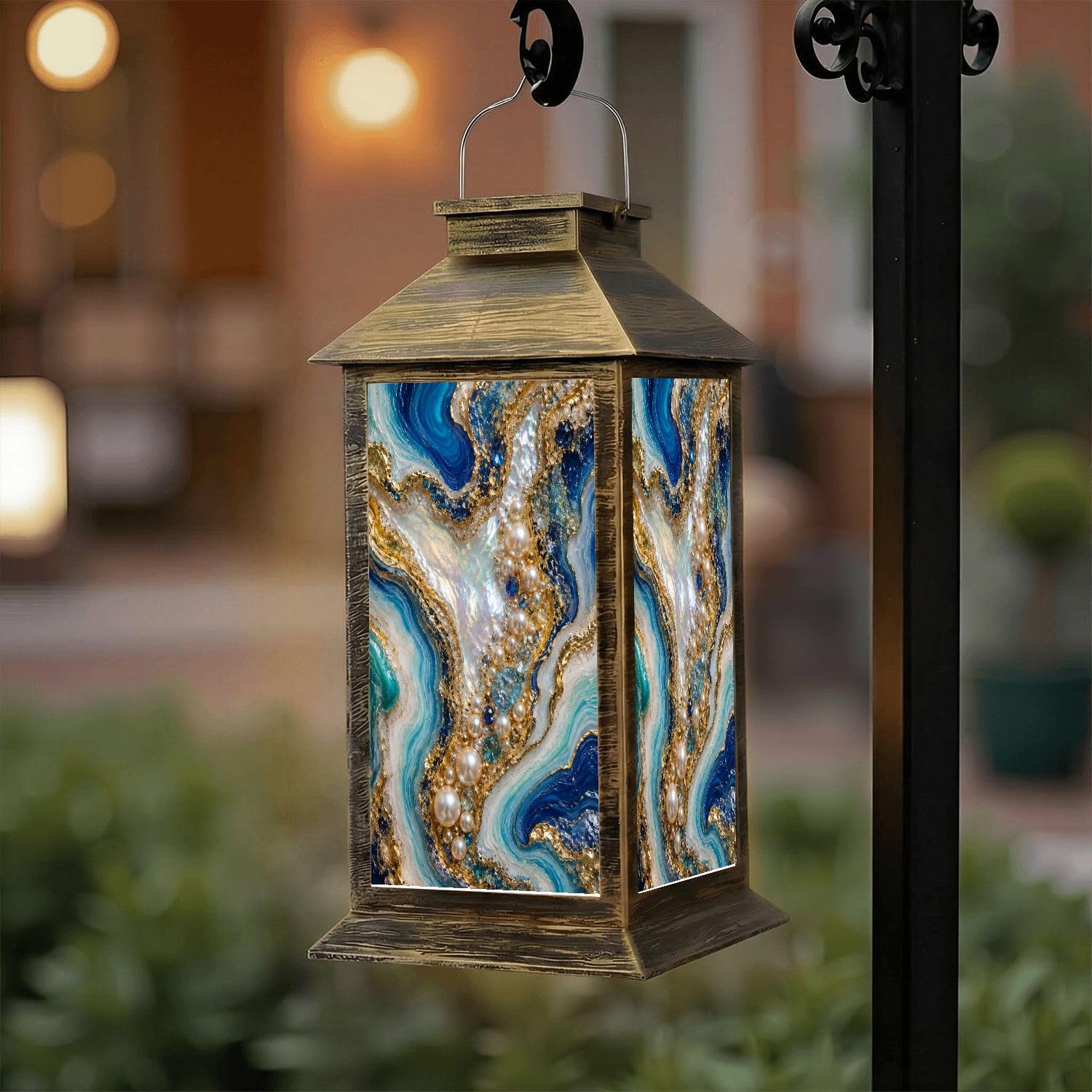 Solar Lantern Outdoor Waterproof Luxurious Abstract Ocean Inspired Artwork Pearls Gold Accents Garden Decor LED Hanging Solar Lights Tabletop Lamp Gifts for Women Mom Outside Yard Patio Porch