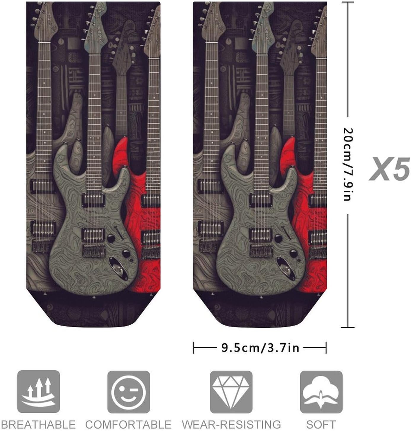 5 Pairs Guitar Pattern Ankle Socks Breathable Low Cut Short Socks