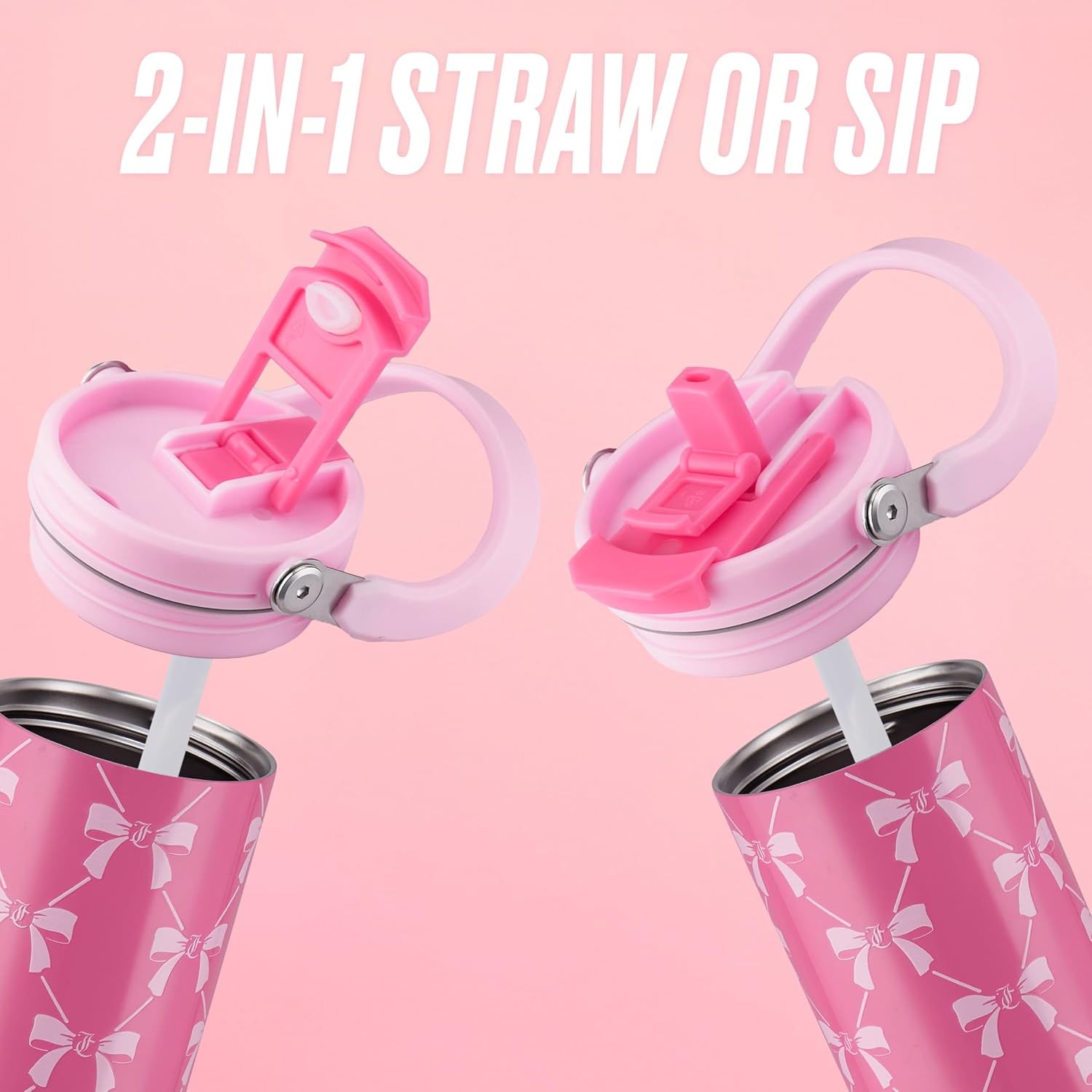 Juicy Couture Flip Fusion Hydration 40oz Stainless Steel Tumbler with Flip Handle, Pink Bows