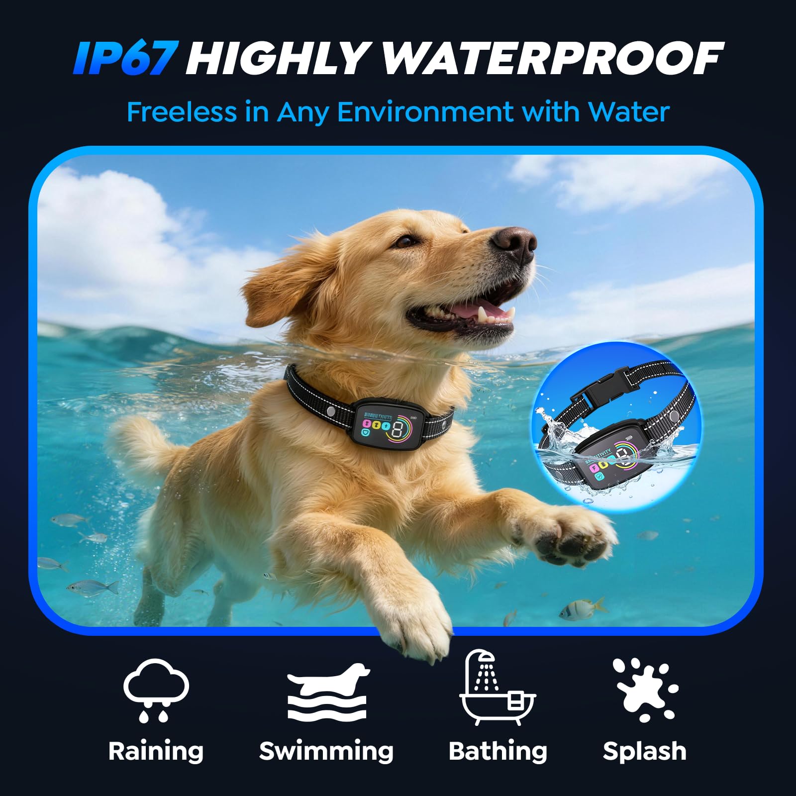 Dog Bark Collar for Large Medium Small Dogs,Smart Anti Barking Device with 4 Training Modes,Rechargeable IP67 Waterproof Barking Collar with 8 Adjustable Sensitivity (Black) — view 6