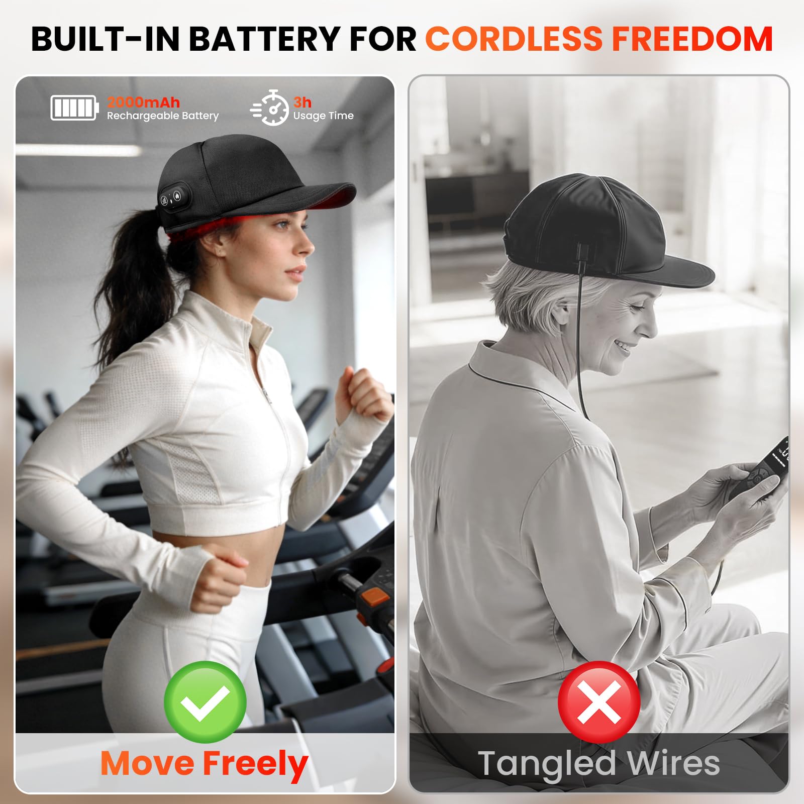 Bonnet de croissance capillaire à lumière rouge avec 216 LED (108x660nm et 108x850nm), rechargeable, avec 3 niveaux de luminosité et 4 modes, arrêt automatique après 20 minutes, pour hommes et femmes