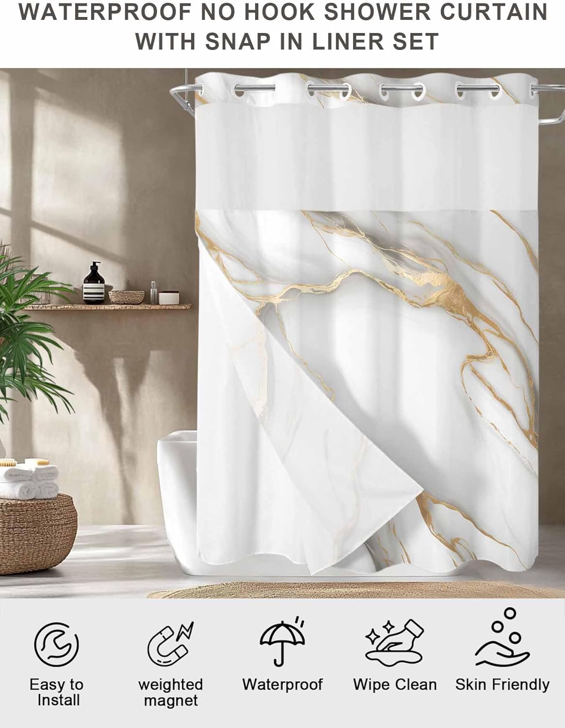 Prime Leader Marble Texture No Hook Shower Curtain with Snap in Liner Vintage Classic White Gold Crack Art Shower Curtain for Bathroom, Fabric Waterproof Inner Liner with Mesh Top Window, 72x72