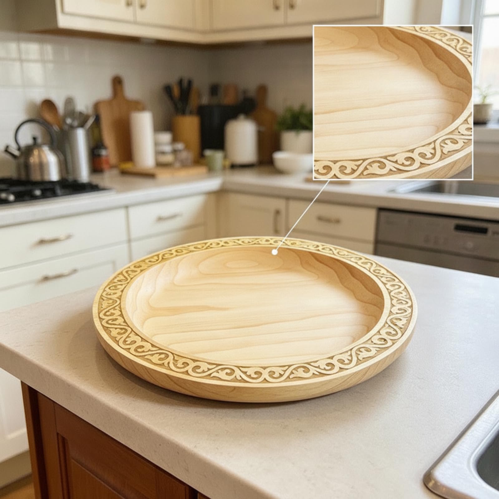 Qianly Plateau Rond En Bois Élégant Vaisselle | Plateau Bordure Sculptée, Robuste, pr Cuisine, Hôtes