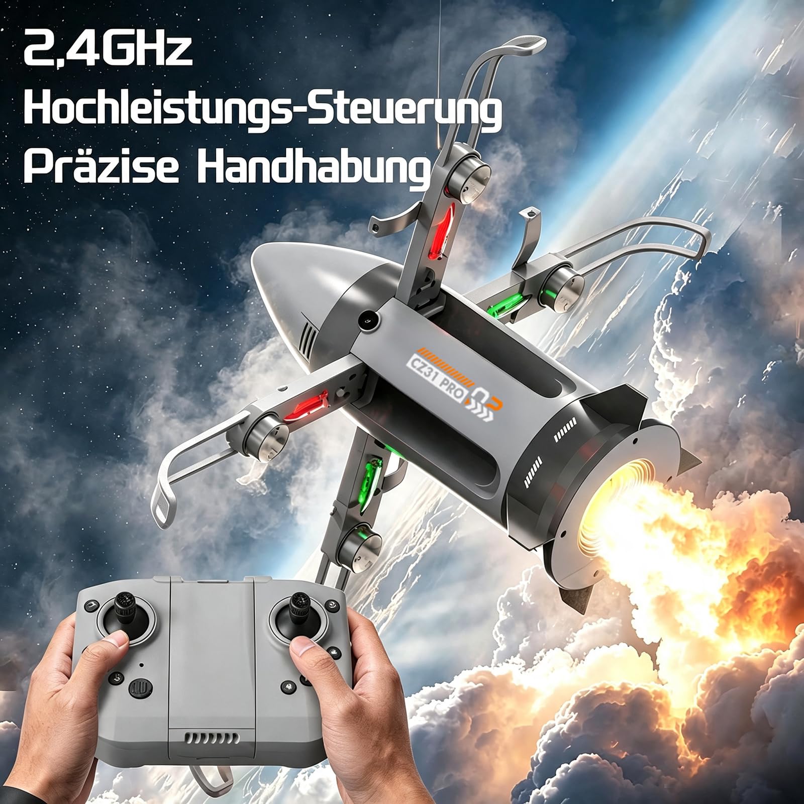 Bürstenlose Faltbare RC Drohne mit Raketen-Sprühfunktion, LED-Licht Kamera Drohne für Erwachsene Kinder, 4-Achsen-Flugzeug mit Höhenhaltung, Fernsteuerung Raumfahrt Flugzeug für Outdoor (Grau)