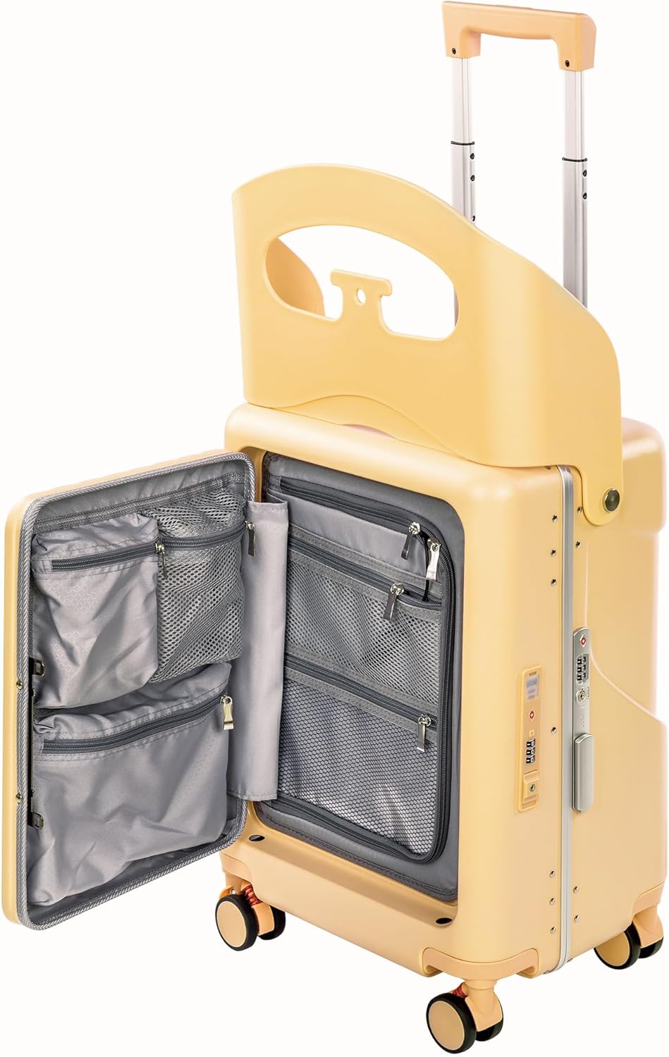 20" Ride-On Luggage with Child Seat, Hardside Carry-On Suitcase with Front Access Shockproof Silent Spinner Wheels, TSA Lock, Charging Port for Kids & Adults & Busy Moms