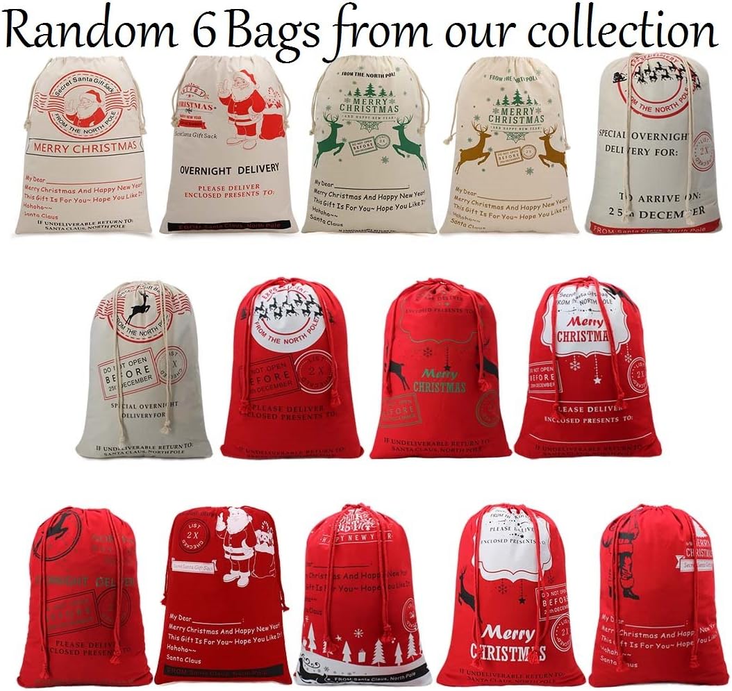 Bonison Christmas Bag Santa Sack Canvas Bag For Gifts Santa Sack Special Delivery Extra Large Size 27.5"x19.5" (6 Bags Random Pattern)