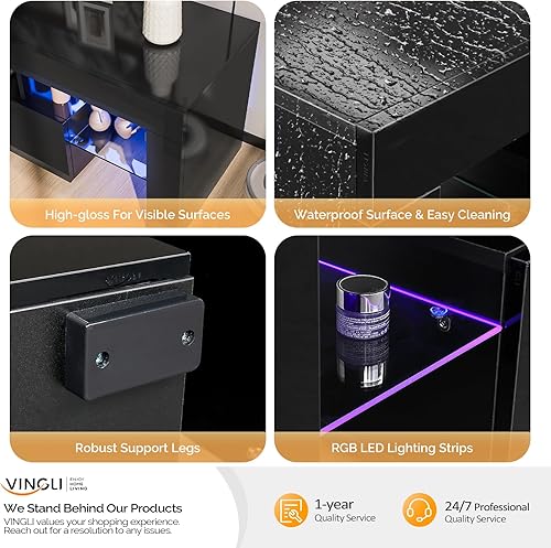 Miniatura 8 de VINGLI Soporte de TV LED, centro de entretenimiento moderno de 51 pulgadas con luces LED y almacenamiento para TV de 40/43/50/55 pulgadas