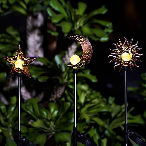 Miniatura 7 de Tryme Luces solares para decoración de jardín al aire libre, sol, luna, estrella, estaca, luz decorativa, impermeable, luz LED blanca cálida,