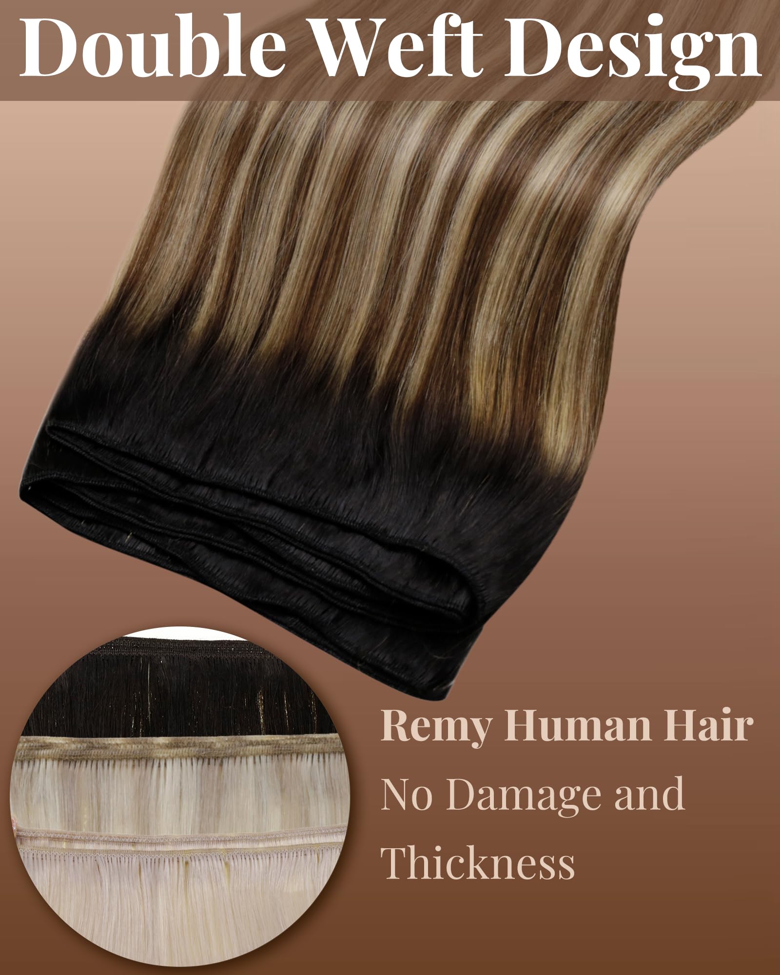 Hetto Weft Hair Extensions Real Human Hair 18 Inch 100g Balayage Black to Brown Mix Blonde - Image 2