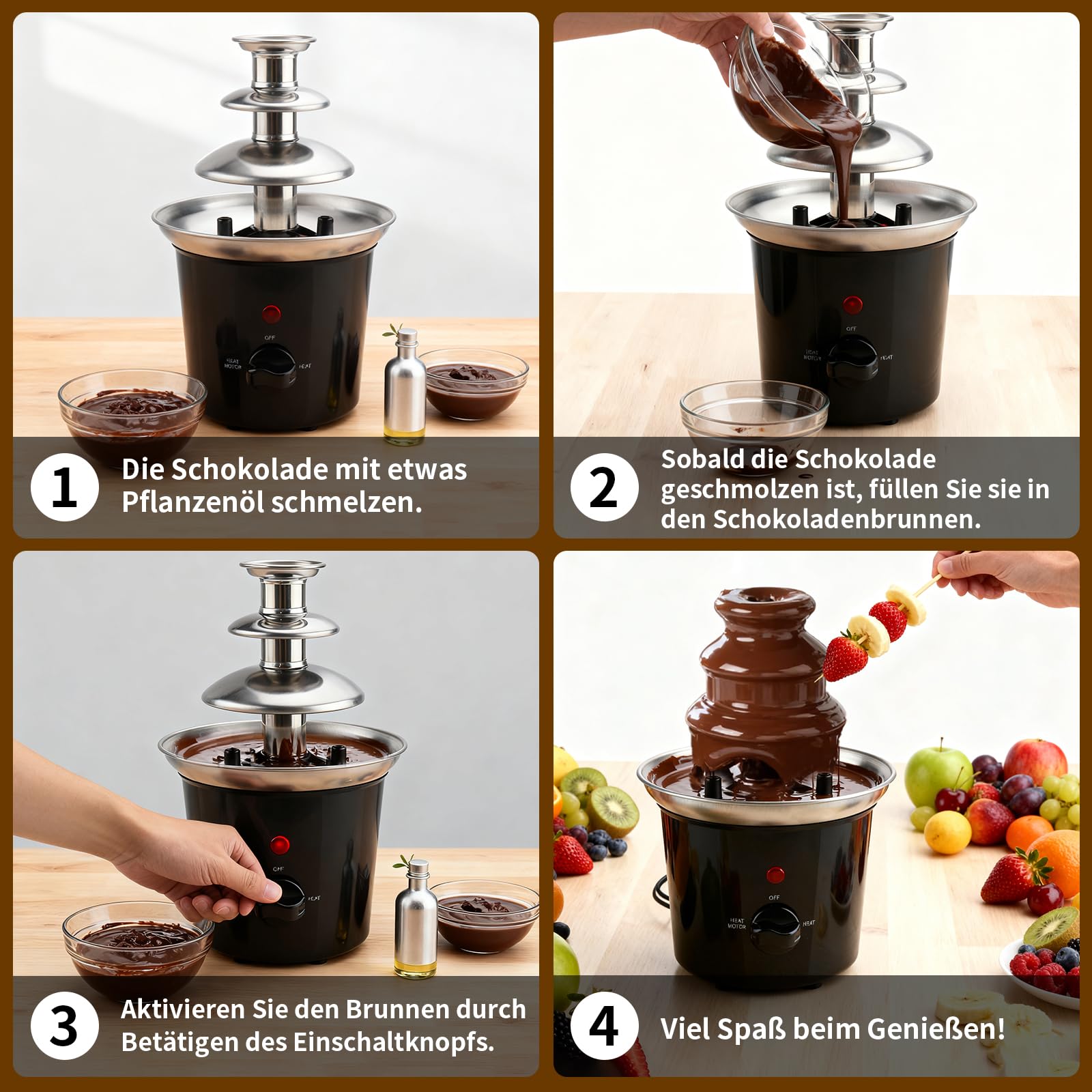 Dreamhigh® Schokoladenbrunnen 3-Stufig, 450ml Schokobrunnen Klein, Chocolate Fountain, Effiziente Heizung, Leicht zu Reinigen, für Geburtstage, Party, Familienversammlungen, Weihnachten, Silvester