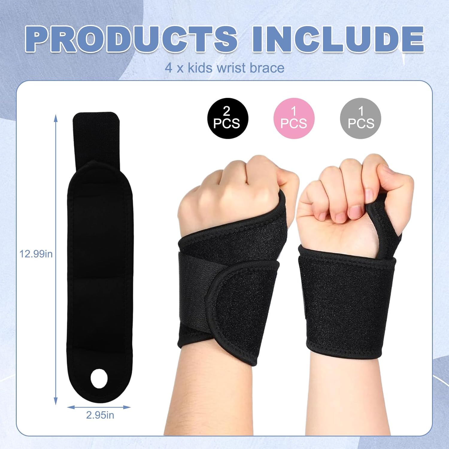 Kids Wrist Brace 4 Pairs Youth Wrist Brace Night Support with Adjustable Compression Straps for Children is Sports, Sleeping (Black*2+Pink*1+Gray*1)