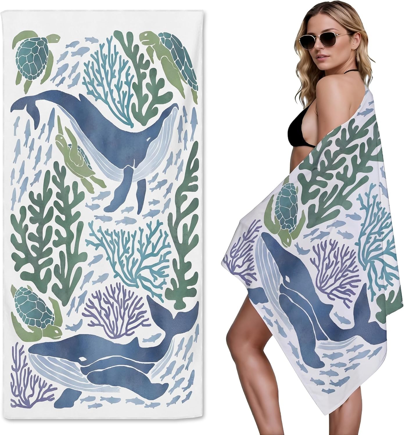 YZQGLHP Seaweed Microfibre Beach Towel Whale Beach Bath Towel Quick Drying, Lightweight, Sand-Free, Durable, for Pool, Gym, Camping, Travel Towel 90x200cm