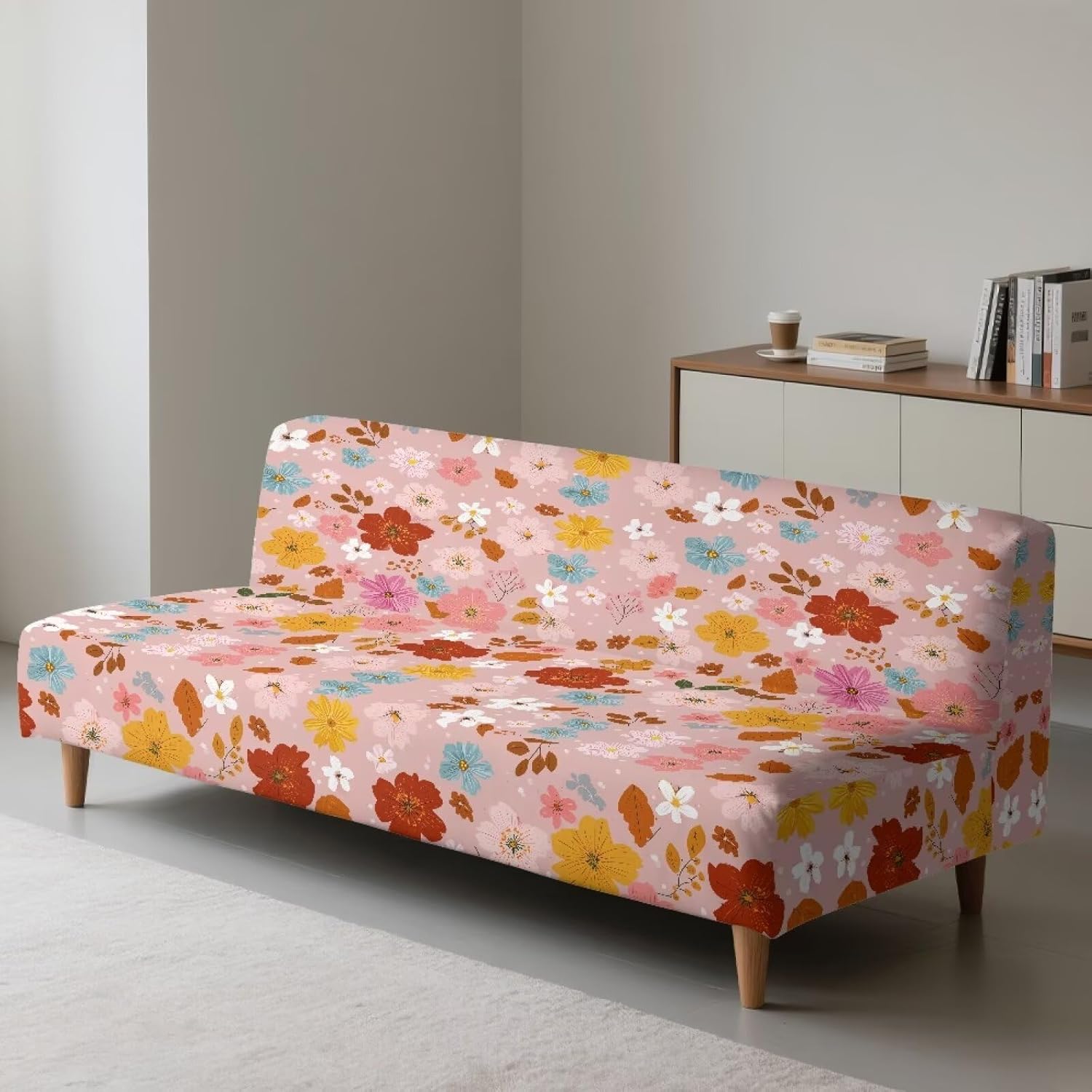 Colorful Cherry Blossom Daisy Print Armless Futon Slipcover, Stretch Elastic Couch Sofa Furniture Protector for Foldable Futon Sofa Bed Without Armrests