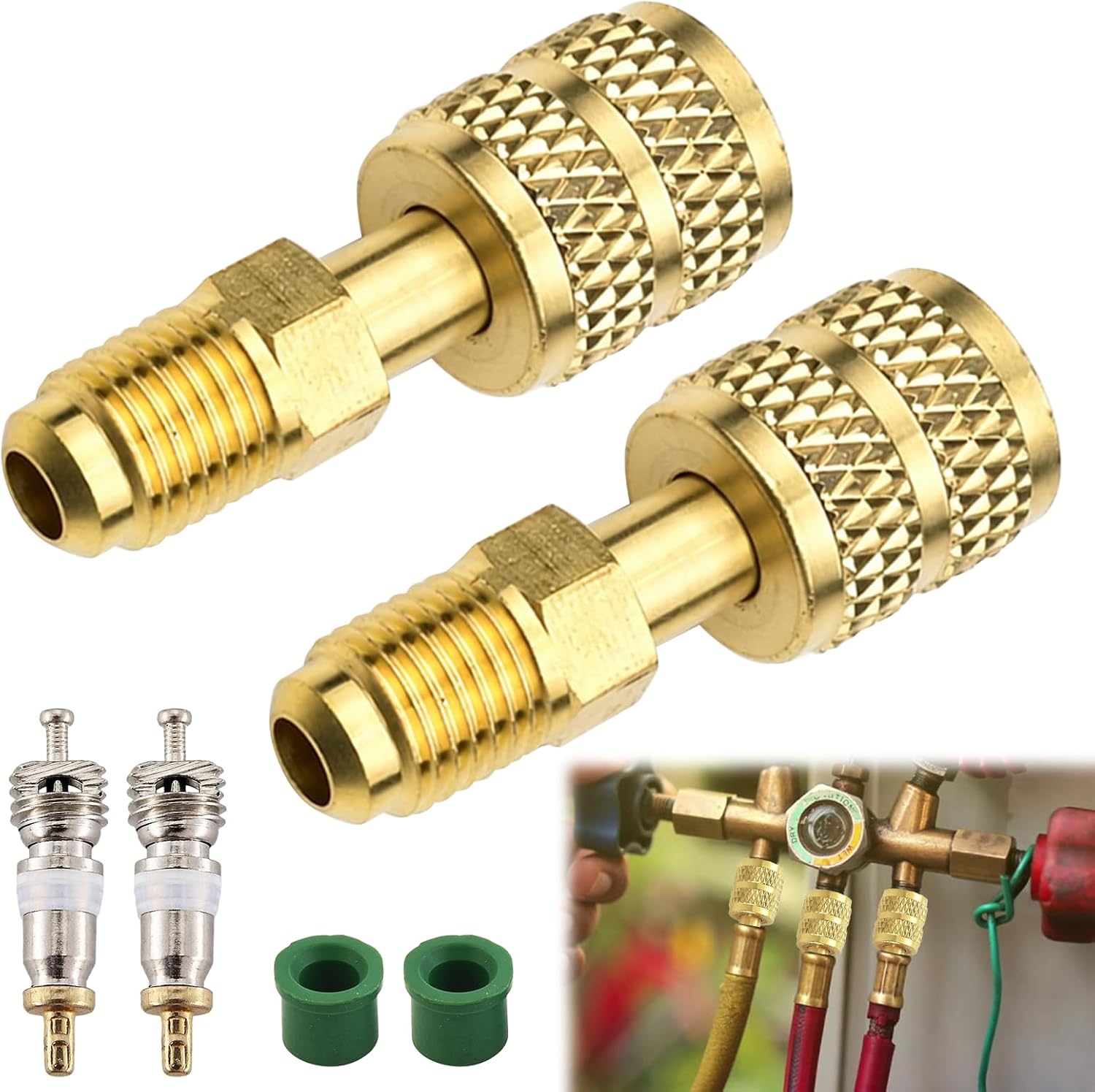 2 Pcs R32 R454B Refrigerant Adapter Fitting,1/4" Female to 1/4" Male Left-Hand Reverse Thread Connector with Non-Slip Handle,Compatible with R454B,R-32&Similar Refrigerant Tanks&Mini-Split Systems