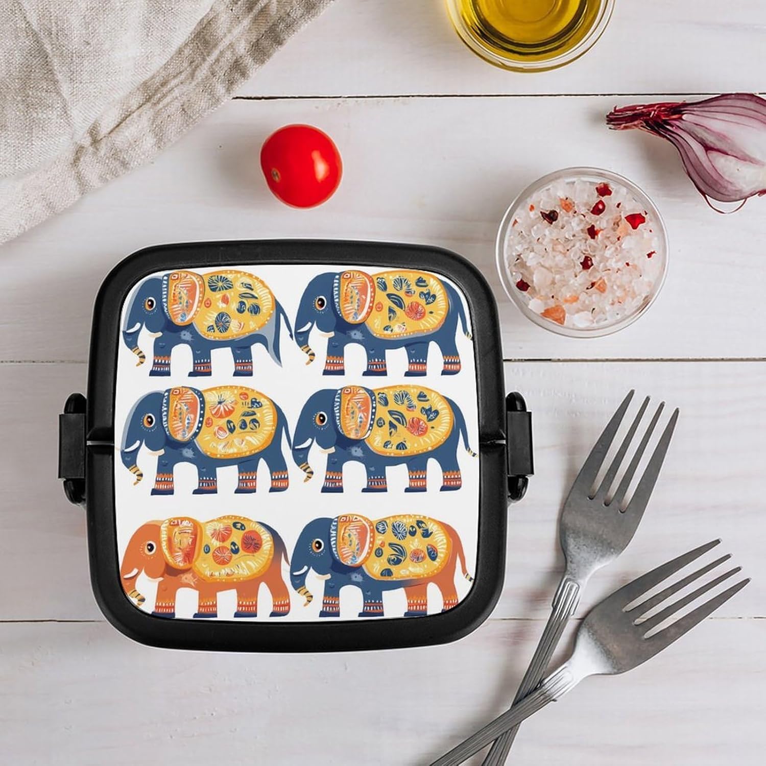 Boho Elephant Bento Box with Spoon 2 Layer Food Container Cute Lunch Box for Travel Dining Work