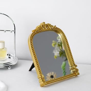 Gold Plastic Arched Makeup Mirror, Standing, Hanging or Wall Mount, Bathroom, Living Room, Bedroom Gold Decorative Mirror (22 x 27 CM)