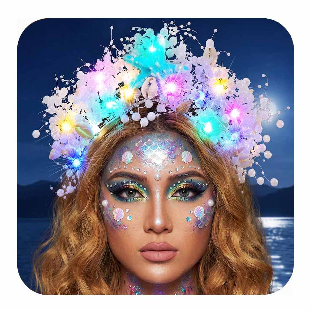 BARTOSI Light Up Mermaid Crown LED Starfish Headband Pearl Mermaid Costume Hair Accessories for Women