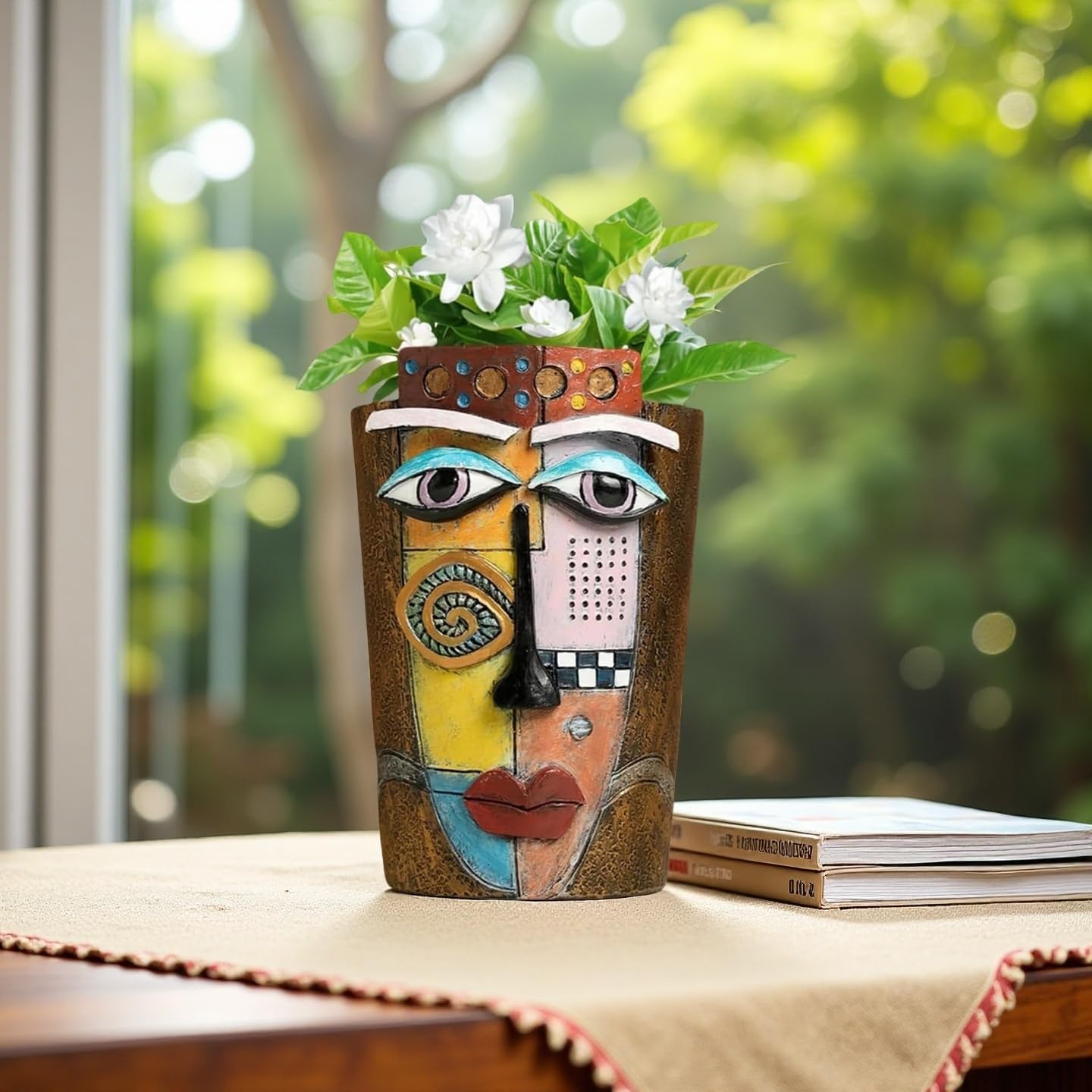 Picasso Abstract Face Flower Pot,Plant Pot with Facial Expressions,Handmade Resin Plant Pot with Drainage Holes,for Indoor and Outdoor Botanical Home décor (Brown Small)