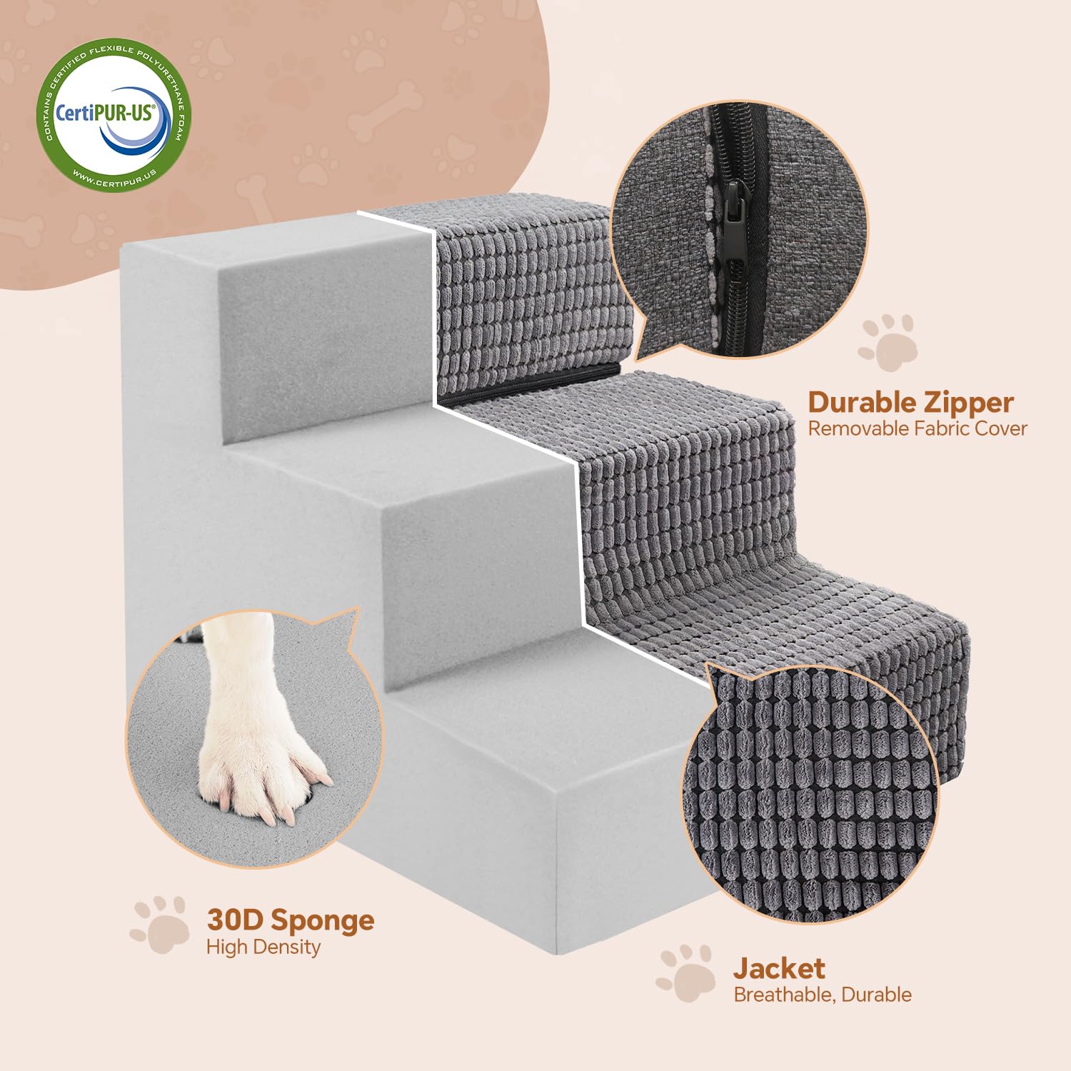 Sytopia Escalier antidérapant pour chien et chat avec mousse haute densité et housse amovible, 45 x 38 x 34 cm