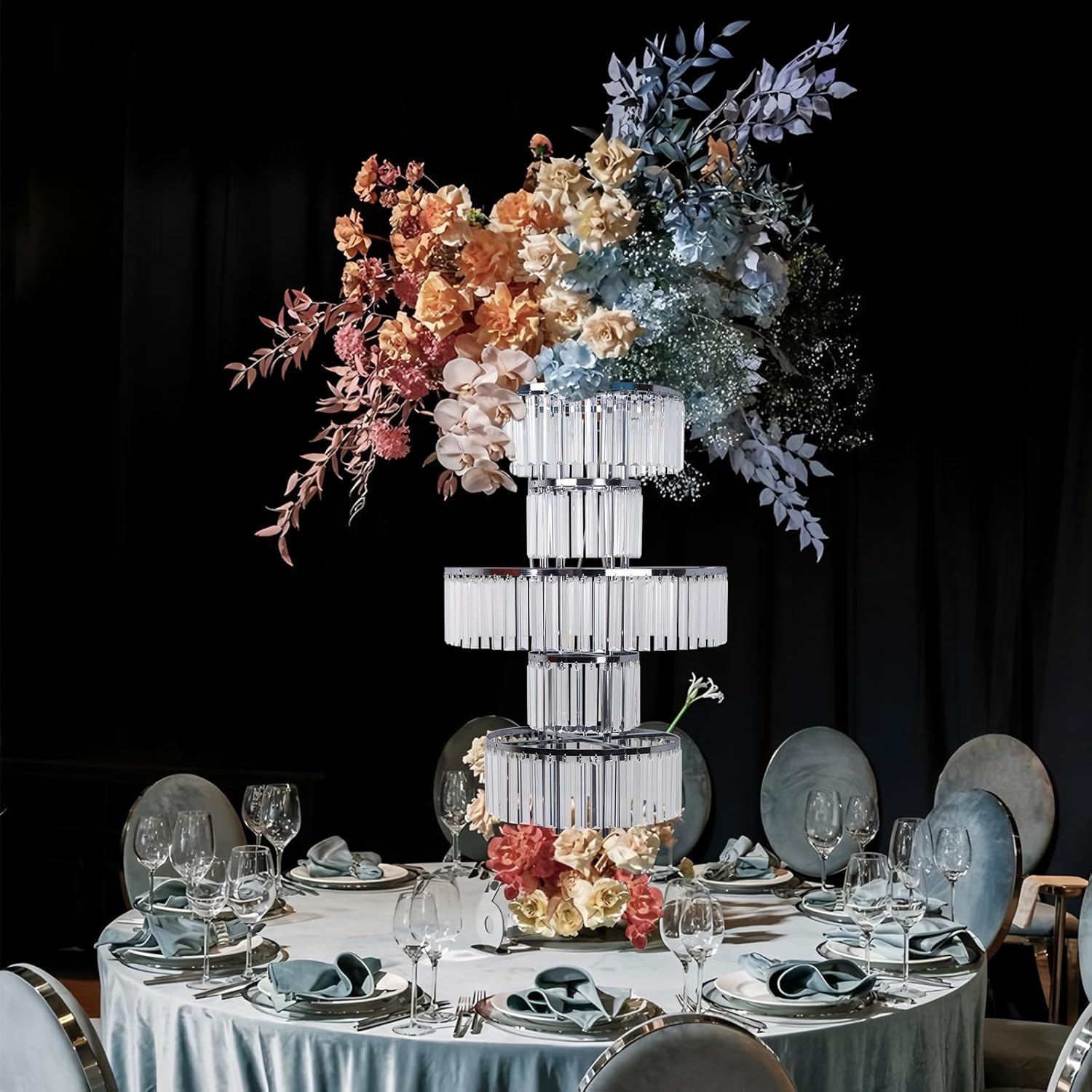 2PCS Wedding Flower Stand Centerpieces/Sparkling Genuine Crystal Pendants - 5-Tier Heavy-Duty Chandelier Base for Banquet Aisle/T-Stage, Not Acrylic