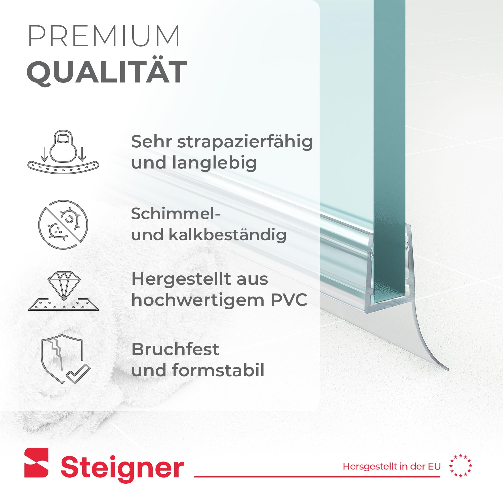 STEIGNER Duschtürdichtung UK12 200 cm (1 Stk.) Transparent - Dichtung gerade für Eckeinstieg Dusche oder Fünfeckdusche mit Duschtür 6-8 mm - Schutz gegen Auslaufen, Perfekte Passform, Einfache Montage