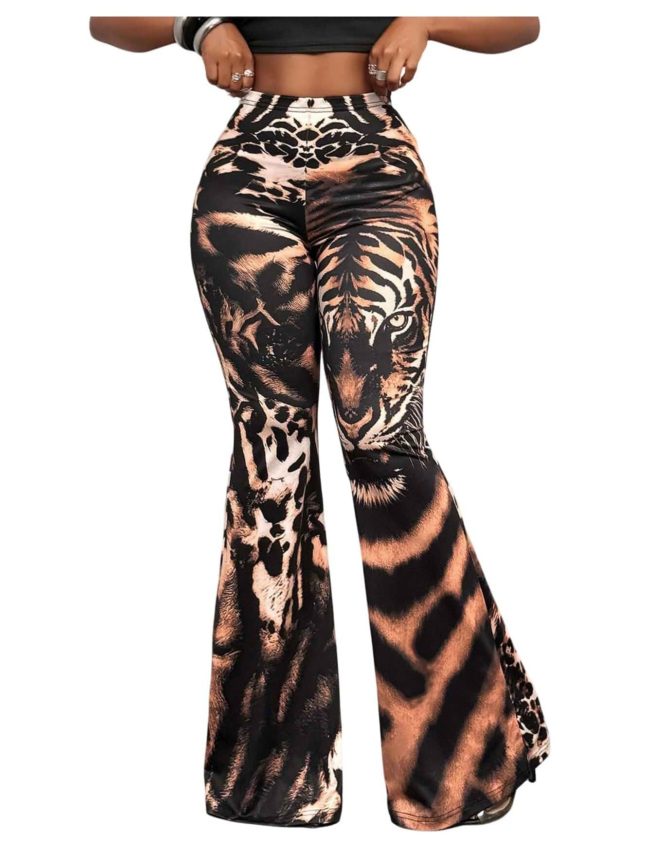 OYOANGLE Women's Y2k Tiger Print Mid Rise Bootcut Flare Pants Festival Rave Trousers, Animal Print, Disco Outfit, Bell Bottoms,