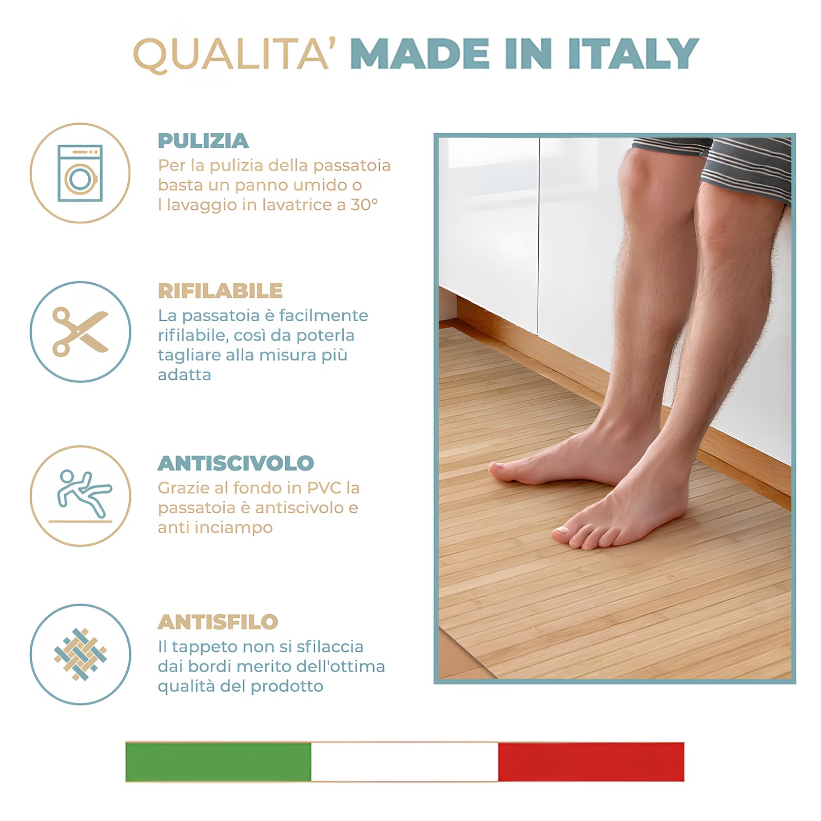 PARAMAISON Tappeto Bamboo Cucina Soggiorno Corridoio, Passatoia Fondo Antiscivolo, Antimacchia, Multiuso, Lavabile | Naturale 50x250cm