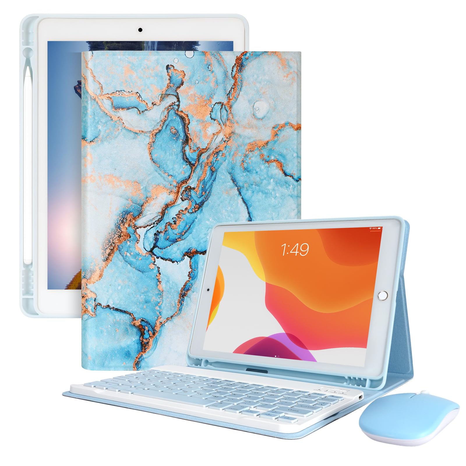 LAMA Wireless Keyboard Case with Mouse for iPad 10.2" 9th 8th 7th Generation, Detachable Bluetooth Keyboard with Pencil Holder for iPad 10.2 Inch/iPad Air 10.5"(3rd Gen)/iPad Pro 10.5 in, Marble Blue