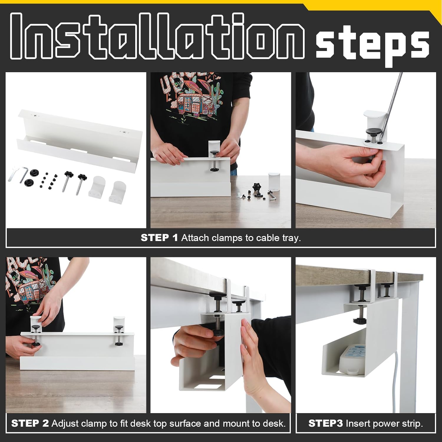16×5×3 Inch No Drill Clamp-on Power Strip Cable Management Tray Under Standing Desk Steel Cable Organizer Wire Cord Tamer for Office, Home, Garage(White)
