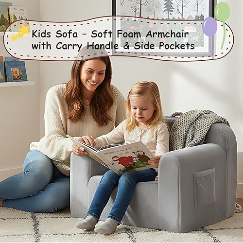 Miniatura 26 de Tiita Silla para niños, cómodo sofá plegable para niños, sofá ligero para niños con asa de transporte y bolsillos laterales, reposabrazos de espuma