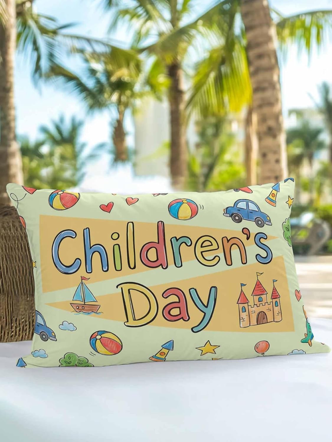 1 Pack Outdoor Pillows Waterproof, Happy Children's Day Indoor/Outdoor Throw Pillows with Inserts, Cartoon Castle Childhood Innocence Decorative Pillow for Patio Furniture Chairs Couch 12"x20"