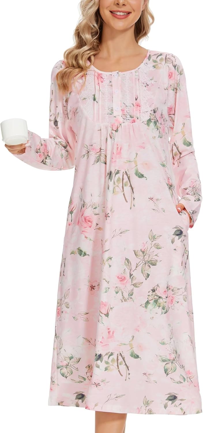 YOZLY Long Sleeve Nightgowns for Women Cotton Night Gowns Lace Sleepwear with Pockets S-XXL - Image 2