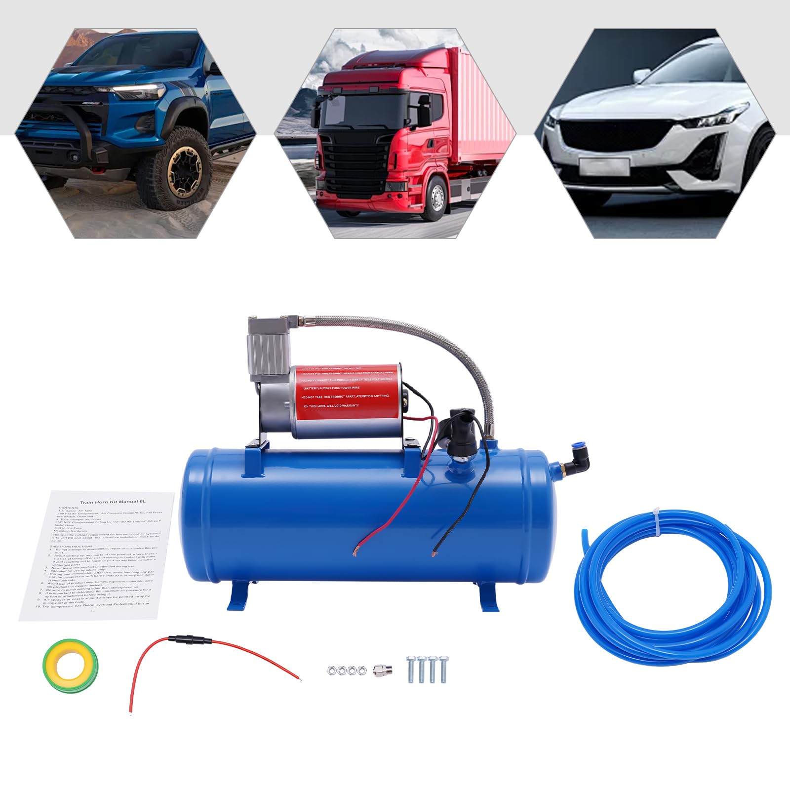 Potente compresor de aire para coche de 12 V con depósito de 6 L, bomba de neumáticos de 150 PSI con manómetro, motor de cobre y manguera de 3,8 m, bomba de compresor de aire portátil para coche