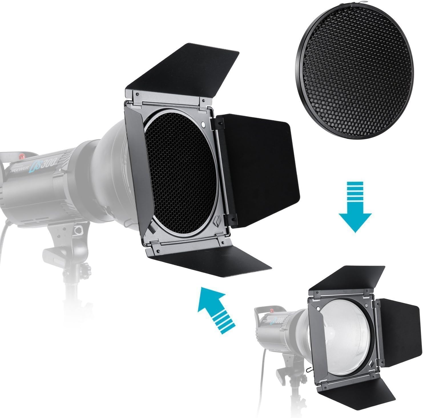 GODOX Photography barn Door,Honeycomb Grid with 4 Color Gel Filter for Speedlite Flash Standard Reflector