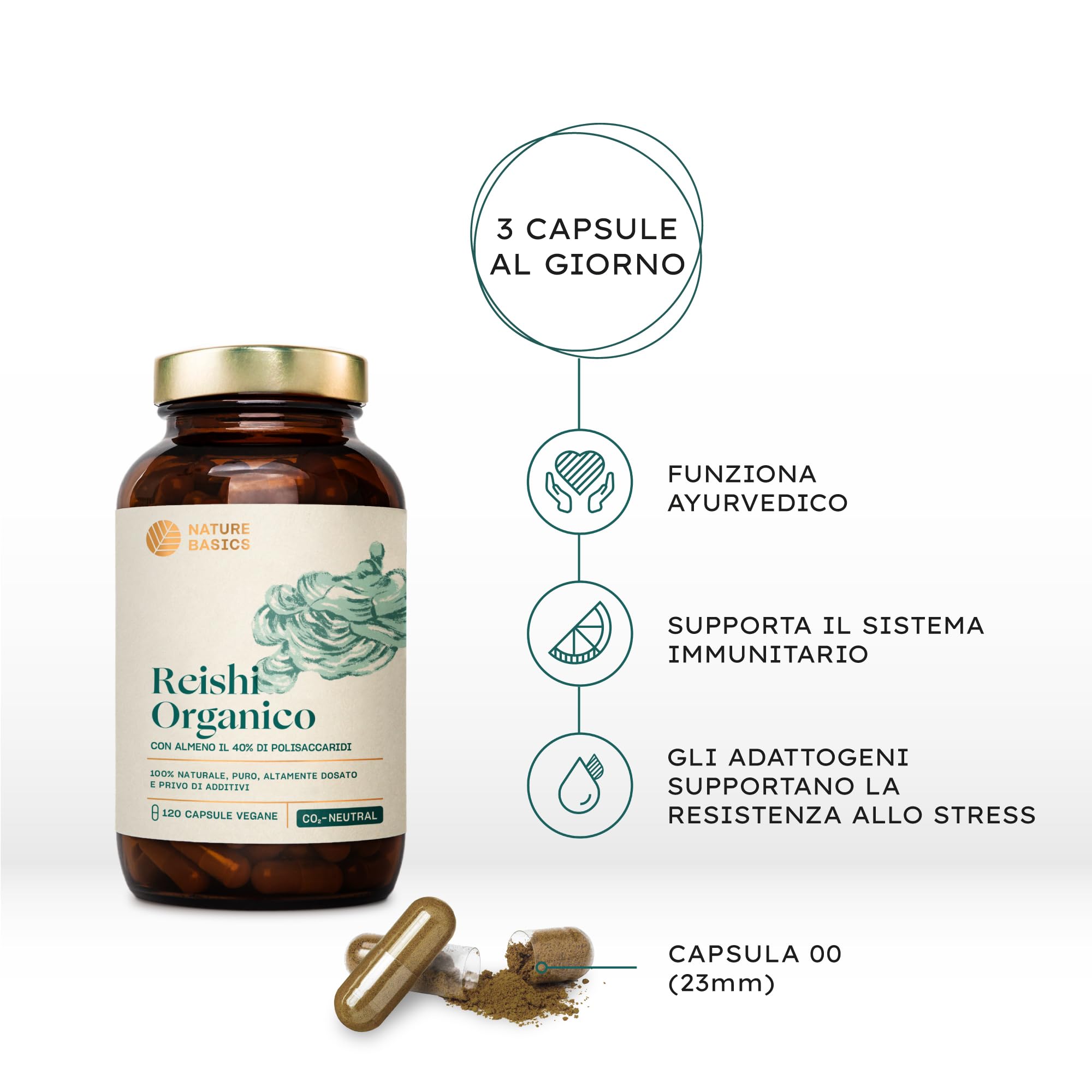 Reishi biologico - 120 capsule ad alto dosaggio / 1500 mg di estratto di Reishi biologico di alta qualità con 600 mg di polisaccaridi per dose giornaliera/Vegano e certificato