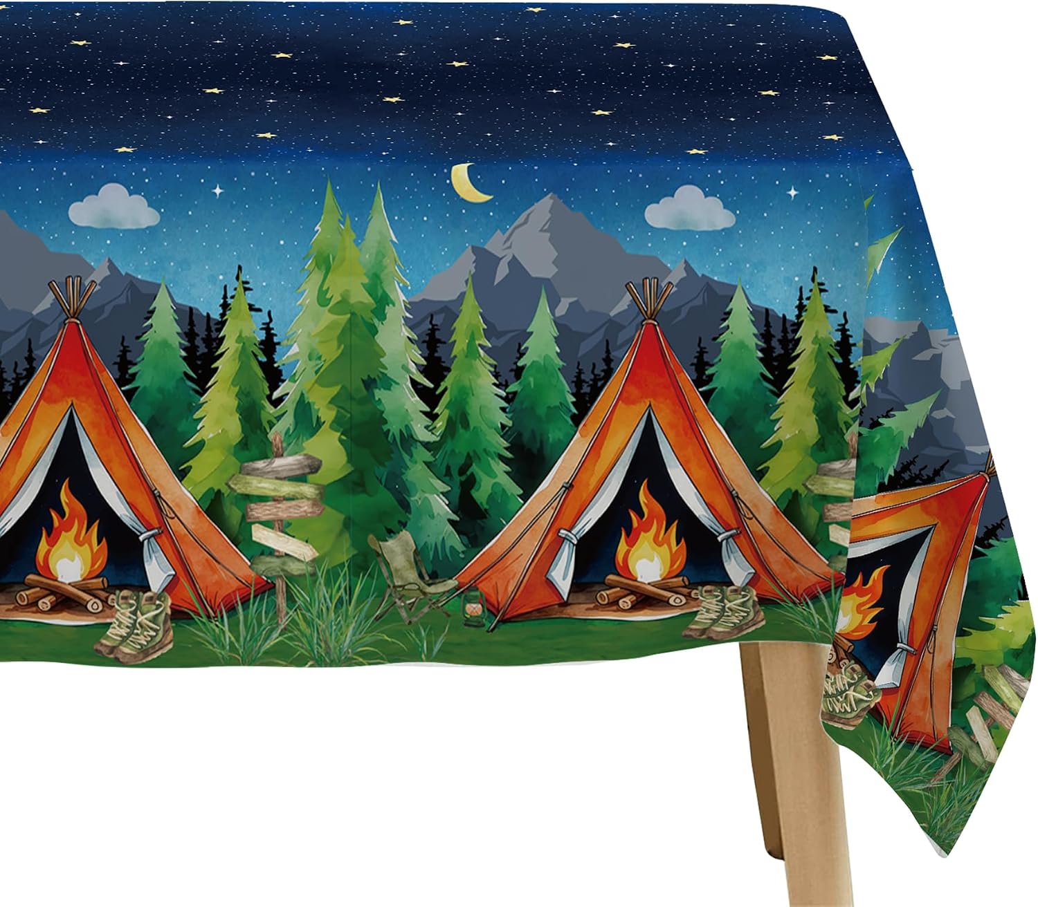 Camping Birthday Party Tablecloth, 3Pcs Disposable Night Sky & Campfire Tent Theme Party Decorations Table Cover, Outdoor Adventure Camp Party Supplies, 55in x 86in