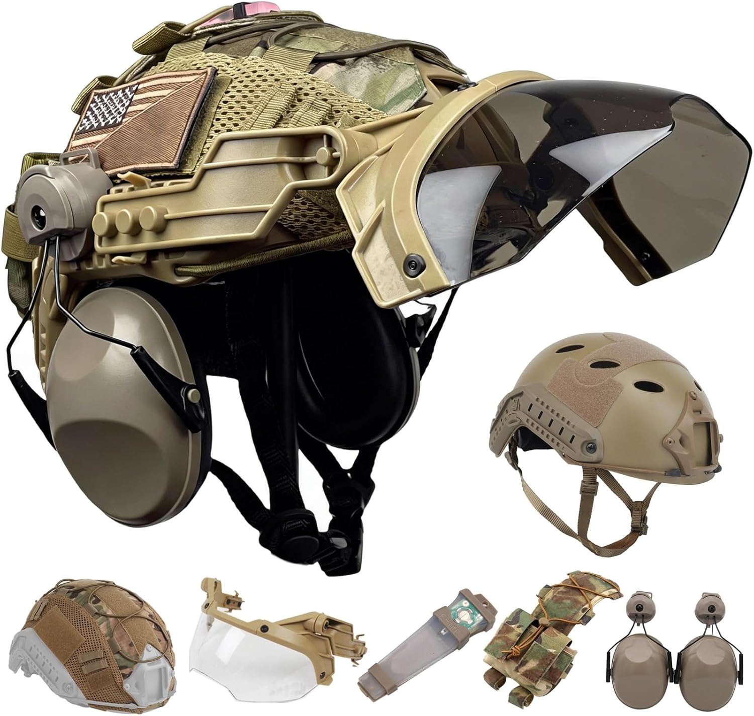 Tactical Airsoft Helmet Set with Earmuff, Goggles, Signal Light,Helmet Cover & Counterweight Battery Storage Pouch for Outdoor Cosplay Game