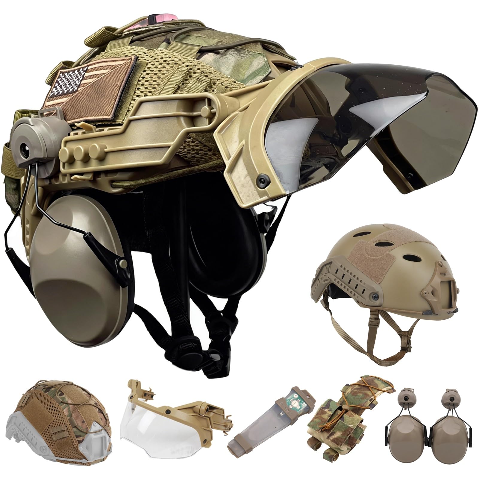 Juego De Casco Táctico Airsoft con Orejeras, Gafas, Luz De Señal, Funda For Casco Y Bolsa De Almacenamiento De Batería De Contrapeso For Juegos De Cosplay Al Aire Libre