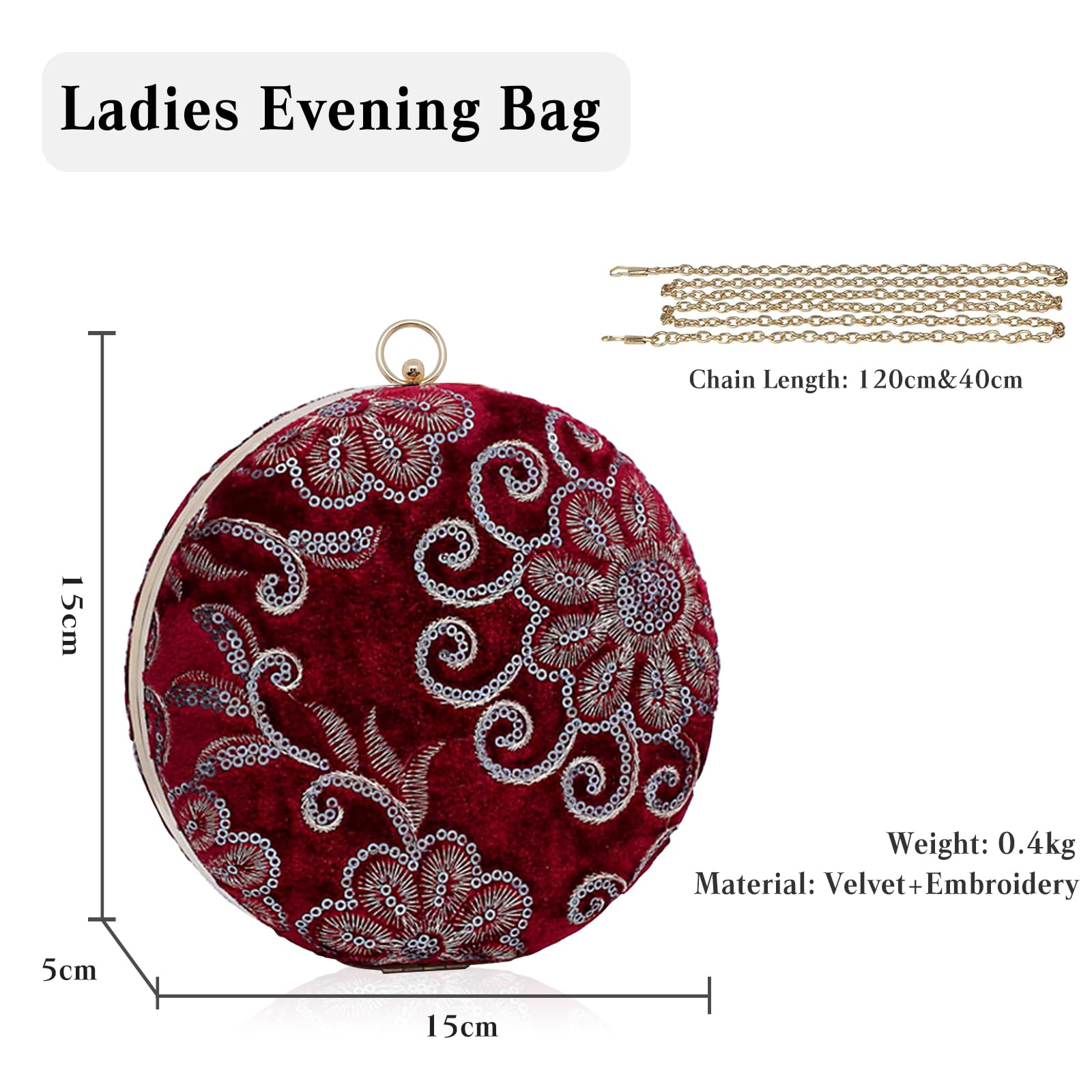 CORIOS Bolso de Fiesta para Mujer Terciopelo Clutch Redonda Cartera de Mano Bolso de Noche Bolsa de Cadena Bolsos Bandolera Elegante Bolso de Hombro para Fiesta de Graduación Banquete Boda Rojo