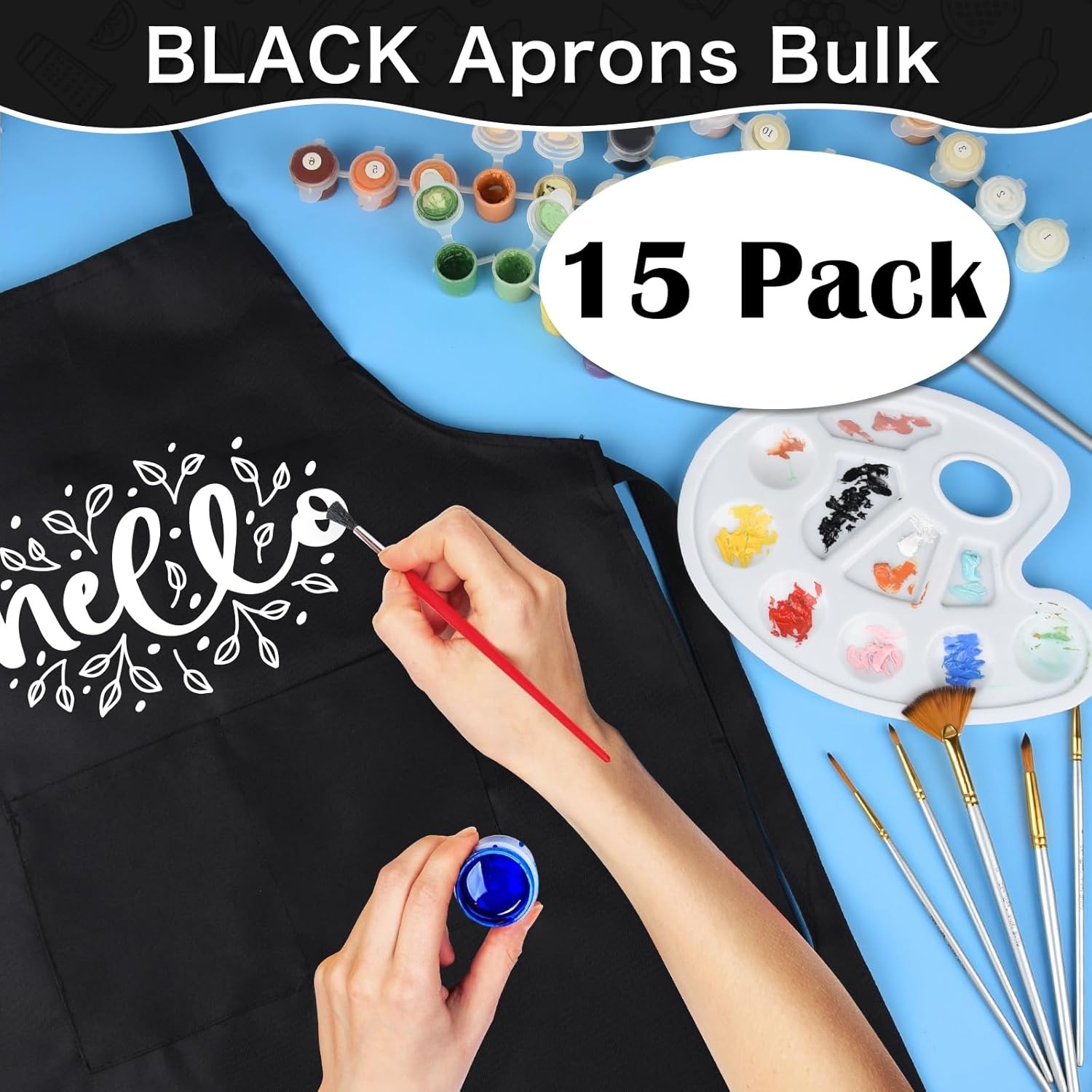 PLULON 20 Pcs Kids Aprons with 2 Pockets Painting Aprons for Kids Aprons Bulk, Paint Apron Adjustable Children Chef Aprons for Girls Boys Painting Baking Cooking Crafting - Black