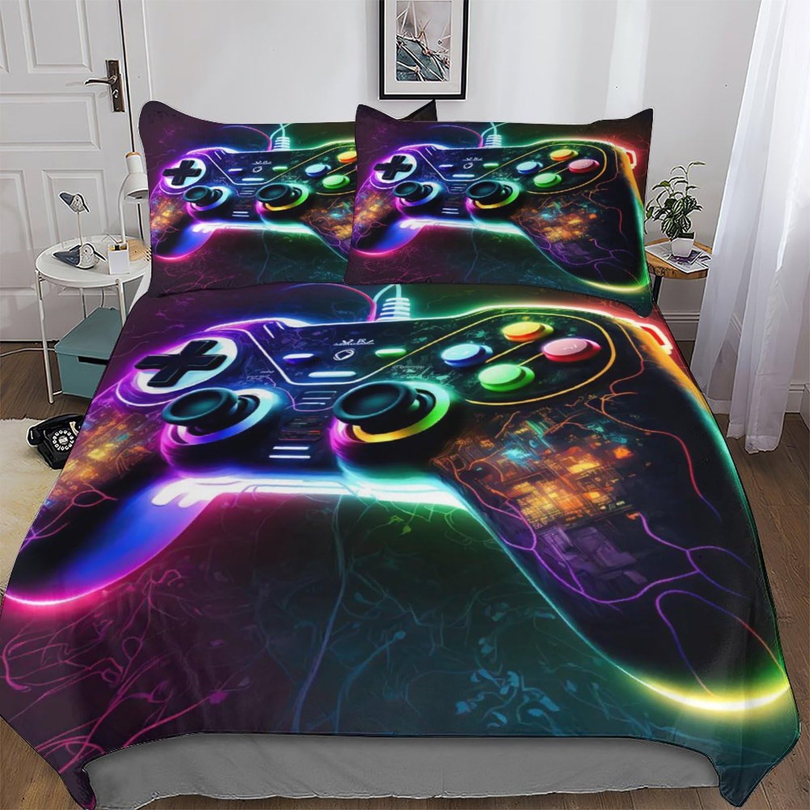 Gaming Neon Game controllers Soft Microfiber Duvet Cover with Pillowcases Wrinkle Free Comforter Cover Zipper Closure Cover Polyester Quilt Covers for Adults Teenager Kids Bedding Double (200x200cm)
