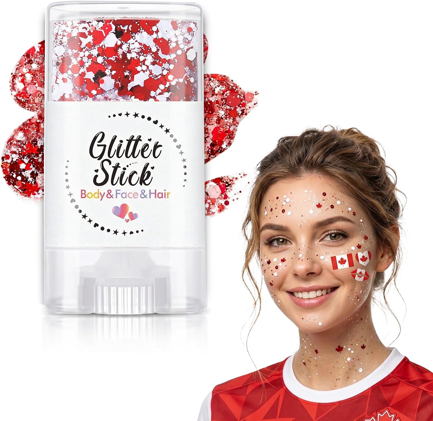 Patriotic Glitter Stick, Red White Blue Body Face Hair Glitter Makeup with Star Sequins, Sparkle Stick for 4th of July Football Soccer Cheer Concert Carnival, USA Themed